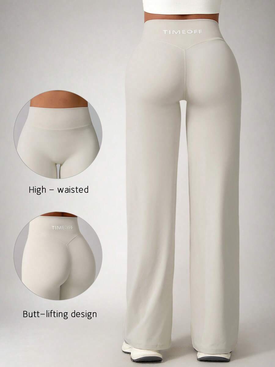 TimeOff 1pc Women's Simple Elastic V-Waist Butt-Lifting Straight Leg Wide Leg Letter Print Sports Pants - Apricot - View 1