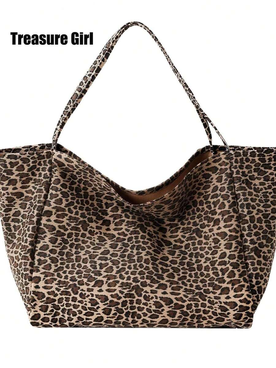 Vintage Leopard Print Handbag, Soft Large Capacity Shoulder Bag, Casual American Street Style Leopard Print Handbag, Versatile Daily Travel Shoulder Bag - Brown - View 1