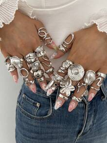 29/15/7pcs Elegant Vintage Casual Faux Pearl Geometric Flower Metal Ring Set For Women Daily Wear - Silver - View 1