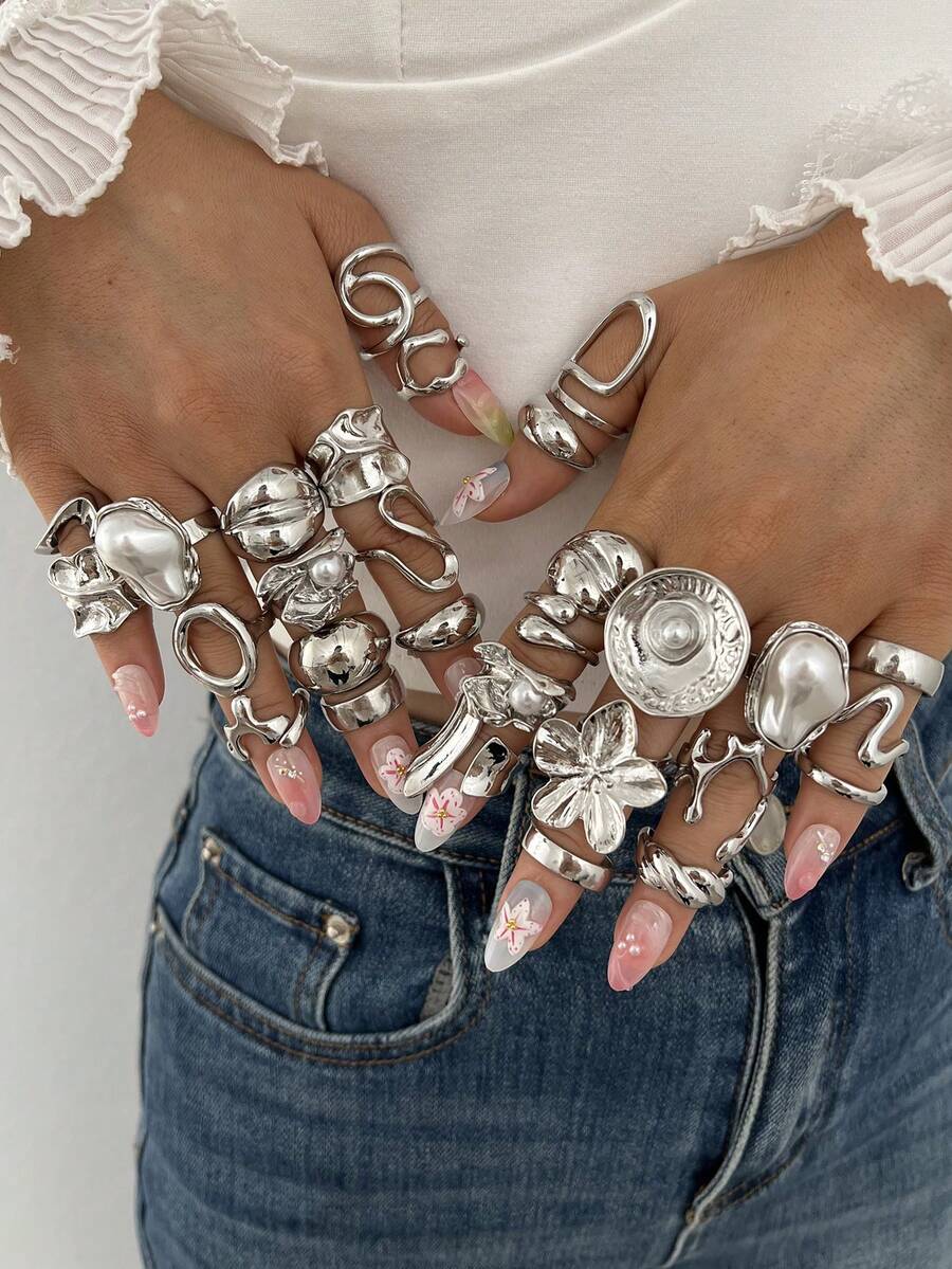 29/15/7pcs Elegant Vintage Casual Faux Pearl Geometric Flower Metal Ring Set For Women Daily Wear - Silver - View 1