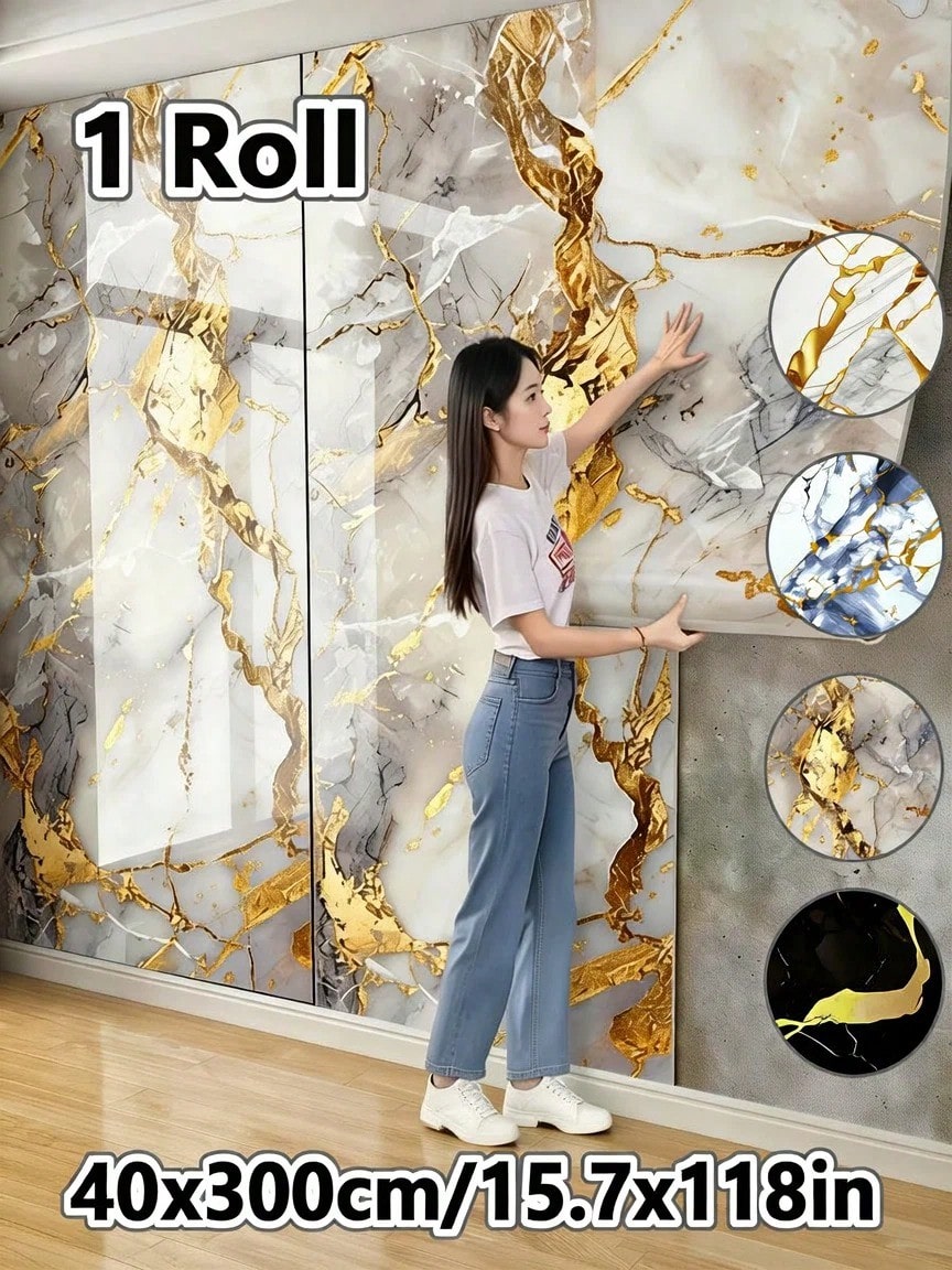 Brodark 1 Roll 40x300cm 3D Marble Wallpaper Wall Sticker 3D Wall Panel Wall Sticker Luxury Gold Texture Self-Adhesive Wall Sticker Thickened Waterproof Oil-Proof Stain-Resistant Kitchen Bathroom Living Room Background Wall Essential For Rental Renovation