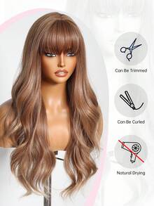 24 Inch Linen Brown Fringe Long Curly Synthetic Heat-Resistant Fiber Wig For Women's Daily Party Birthday Christmas Wear - Multicolor - View 4
