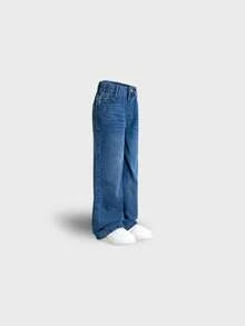 Tween Boy Simple Light Wash Wide Leg Jeans, 8-11 Years, New Sand-Washed Process, Elastic Waistband, Adjustable Fit, No Zipper Design, Semi-Elastic, Loose Fit, Classic Versatile Denim Pants, All-Season Wear - Light Wash - View 11