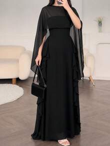Women's Spring/Summer Black Elegant Chiffon Cover-Up Paired With Ruffle Bandeau Maxi Dress, Elegant Evening Gown - Black - View 4