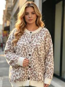 European & American Style Fashion Animal Print Plus Size Women's Autumn/Winter Drop Shoulder Long Sleeve Button-Up Knit Cardigan, Elegant Fall - Multicolor - View 3