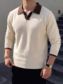 Men's Patchwork Slim Fit Regular Shoulder Airplane Collar Knit Long Sleeve Polo Shirt Contrast Color Turn Collar Sweater Warm Autumn/Winter New Style - Apricot - View 4