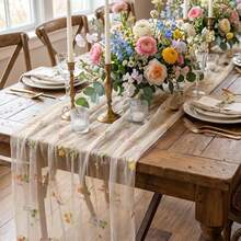 3pcs Champagne Floral Table Runner 10ft, Embroidered Tulle Spring Wildflowers And Autumn Decor, Suitable For Wedding, Party, Baby Shower, Birthday Party, Kitchen Dining Table, Outdoor Picnic - Yellow Wildflower Embroidery - View 5