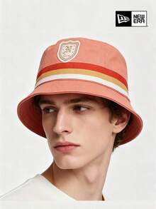 New Era Shield N Patch Bucket Hat, Street Style Coral Pink Striped Bucket Hat, Unisex Outdoor Sun Hat - Coral Orange - View 2