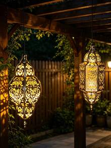 1pc Hanging Outdoor Solar Lantern, Vintage Metal Moroccan Iron Art Lamp With Hook, Suitable For Christmas, Halloween, Park, Patio, Backyard And Porch Atmosphere Decoration - Multicolor - View 3