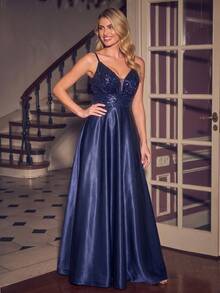 BluePlum Elegant Sequin Spaghetti Strap Satin Patchwork Backless A-Line Floor-Length Evening Gown Dress, For Prom, Evening Party, Date, Wedding Guest, Dinner - Navy Blue - View 6