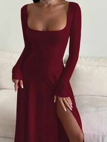 French Elegant Waist-Cinching High-Waisted Fitted Elegant Spaghetti Strap Square Neck Solid Color A-Line Midi Dress For Women - Burgundy - View 3