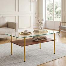 Moderner Couchtisch Mit Glasplatte Und MDF Ablage, Wohnzimmertisch Mit Goldfarbenem Metallgestell, Rechteckiger Sofatisch Im Luxus Design, Holzoptik-H45/B98/T58 Cm - Brown - View 6