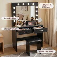 Jooli H Dressing Table Set With LED Lights Mirror, Vanity Makeup Table 2 Large Drawers And Stool, Black - Black - View 3