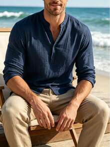 Men's Stand Collar Linen Long Sleeve Polo Shirt, Pure White Textured Casual Top, Double Button Half Placket, Suitable For Beach Vacation And Daily Wear - Navy Blue - View 3