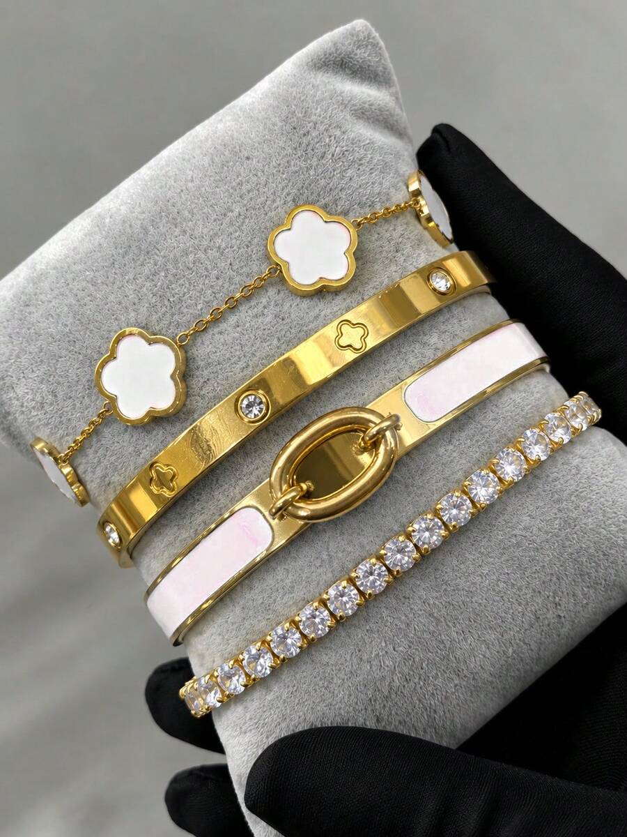 1/4件套不锈钢18K镀金彩色多巴胺四叶草手镯套装，适合女性音乐节佩戴，个性化珠宝套装，防水防褪色 - 手鍊套裝 - 查看 1