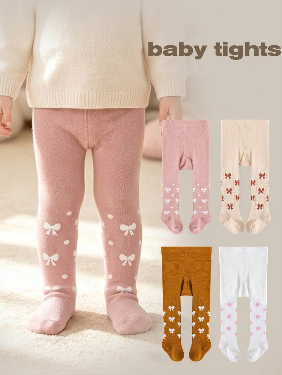 1/4 PCS 0‑7Y Toddler Baby Girls Stirrup Tights, Bow & Heart Print Multi ...