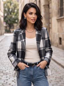Women's Plaid Button Front Regular Fit Long Sleeve Woven Fabric Lapel Jacket, Autumn Style - Multicolor - View 3
