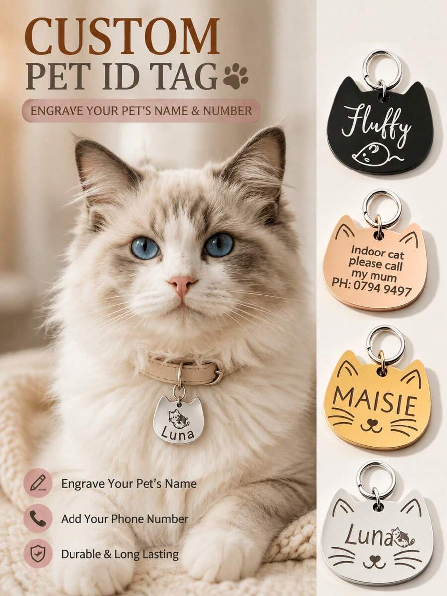 [Double-Sided Customized] 1pc Personalized Pet ID Pendant Tag, Customized Dog Name Tag, Engraved Customized Cat Tag, Heart Pattern, Dog ID Pendant Pet Collar, Beautiful Pet Accessories