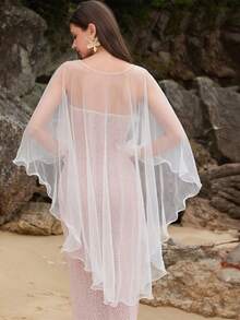 1pc White Sheer Soft Mesh Bridal Cape Shawl, Beach Vacation Outerwear Cover-Up, Wedding Evening Gown Accessory - White - View 2