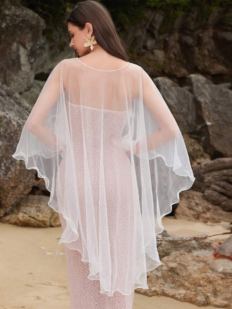 1pc White Sheer Soft Mesh Bridal Cape Shawl, Beach Vacation Outerwear Cover-Up, Wedding Evening Gown Accessory