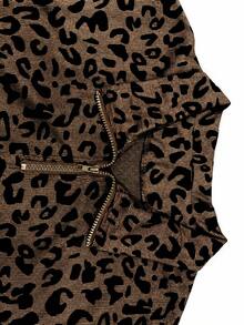 Plus Size Women's Leopard Print Half-Zip Sweatshirt, Fashionable Long Sleeve Collared Sweatshirt, Autumn Outfit Choice Casual - Brown - View 4