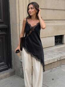Lace Trim Satin Asymmetric Summer Party Mini Dress, Elegant New Sleeveless Sexy Nightgown, Brown/Black Backless Dress For Women - 黑色 - 查看 3
