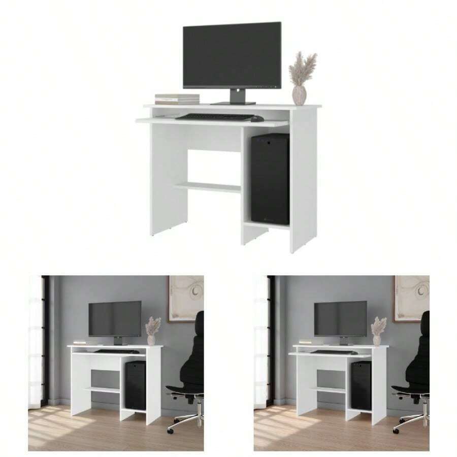Computer Desk With Open Storage, White - White + Particle Board + Melamine - View 1