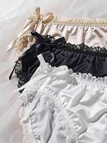 Mystèrelle 3PCS Women's Coquette Satin Panties, Lace Trim & Side Tie Bows, Sexy Silky Low-Rise Briefs, Cute Ruffled Underwear Essentials - Multicolor - View 8