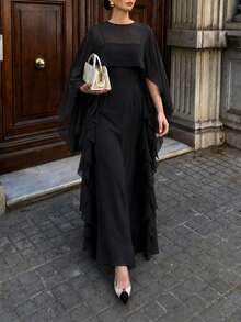 Women's Spring/Summer Black Elegant Chiffon Cover-Up Paired With Ruffle Bandeau Maxi Dress, Elegant Evening Gown - Black - View 6