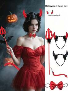 Halloween Devil Costume Set Red Horn Headband Glasses Cane Tail Full Set For Masquerade Carnival Couple Party COS Rave Dance Props (Due To Lighting, Color Difference May Occur, Cane Stick Color Is Random) - Multicolor - View 1