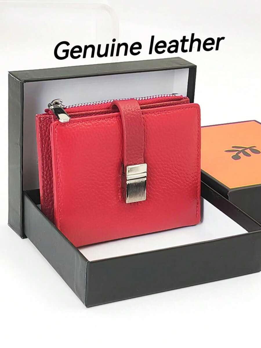 Women's Genuine Leather Short Wallet, Fashionable Snap Closure, Magnetic Opening, Multi-Function Anti-Theft RFID Blocking, Bi-Fold ID Card Holder, Zipper Coin Purse, Exquisite Gift Box Packaging, Perfect Gift - Multicolor - View 1