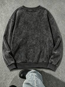 Men's Washed Distressed Pullover Crew Neck Casual Long Sleeve Sweatshirt - Black - View 4