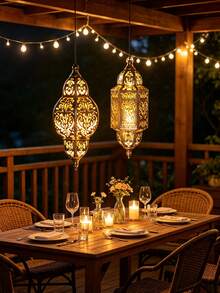 1pc Hanging Outdoor Solar Lantern, Vintage Metal Moroccan Iron Art Lamp With Hook, Suitable For Christmas, Halloween, Park, Patio, Backyard And Porch Atmosphere Decoration - Multicolor - View 1