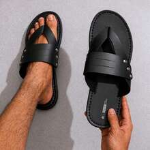 Men's New PU Leather Sandals, Hollow Design Open Toe Non-Slip Casual Slippers, Summer Lightweight Breathable Flip-Flops, Suitable For Spring/Summer, Indoor/Outdoor, Street, Office, Vacation, Daily Wear, Durable Non-Slip Flat Bottom, Fashionable Durable Roman Sandals - Black - View 10