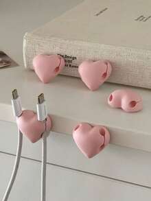 Heart-Shaped Cable Organizer, Dual Slot Desktop Adhesive Cable Holder, Self-Adhesive Heart Design Cable Management Rack, Gift For Friends - Pink - View 2