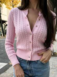 SEREN New Autumn Round Neck Women's Knit Cardigan, Slim Fit, Casual, Twisted Ribbed, Pink Top, Winter Sweater Jacket, Valentine's Day - Baby Pink - View 1