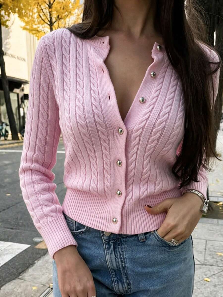 SEREN New Autumn Round Neck Women's Knit Cardigan, Slim Fit, Casual, Twisted Ribbed, Pink Top, Winter Sweater Jacket, Valentine's Day - Baby Pink - View 1