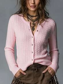 SEREN New Autumn Round Neck Women's Knit Cardigan, Slim Fit, Casual, Twisted Ribbed, Pink Top, Winter Sweater Jacket, Valentine's Day - Baby Pink - View 4