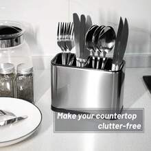 4-Compartment Stainless Steel Utensil Holder, Countertop Knife Fork Spoon Organizer, Kitchen Utensil Storage Basket, Multi-Compartment Utensil Rack, Can Hold Forks, Spoons, Knives, Chopsticks, Rust-Proof Kitchen Countertop Storage, Space-Saving Desktop Utensil Storage Box, Household Kitchen Countertop Small Utensils, Practical Kitchen Restaurant Utensil Storage Container, Stable Non-Slip Base Utensil Holder, Keep Utensils Organized And Convenient For Daily Use, Modern Style Kitchen Storage Accessory, Suitable For Home, Apartment, Dorm, Fit For Storing Various Utensils And Kitchen Tools - Multicolor - View 3