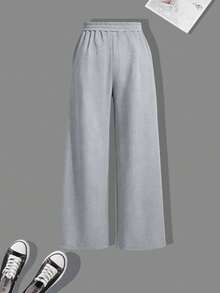 Tween Girls' Fashion Minimalist Letter Embroidered Half-Zip Polo Collar Sweatshirt With Loose Wide Leg Pants, 2-Piece Set For Autumn/Winter Daily Wear - Grey - View 7