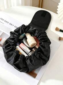 Tas Kosmetik Serut Longgar, Tas Kosmetik Perjalanan Portabel Kapasitas Besar, Tas Penyimpanan Tahan Air Buka/Tutup Cepat, Organizer Perlengkapan Mandi Wanita - Hitam - View 5