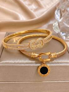 2Pcs Gold‑Plated Stainless‑Steel Horseshoe Buckle Zirconia Bangle & Roman Charm Twisted Cable Bracelet Set For Women - Gold - View 4