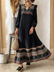 Women'S Boho Black Fall Geometric Print V Neck Long Puff Sleeve Maxi Dress, Ruffle Loose Fit For Daily Casual Outfits - Black - View 3