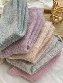 5 Pairs Women's Mid-Calf Socks, Autumn/Winter Thick Warm Socks, Solid Color Minimalist Design, Versatile Commute! Cold-Proof Soft Autumn/Winter Socks - Type a - View 1