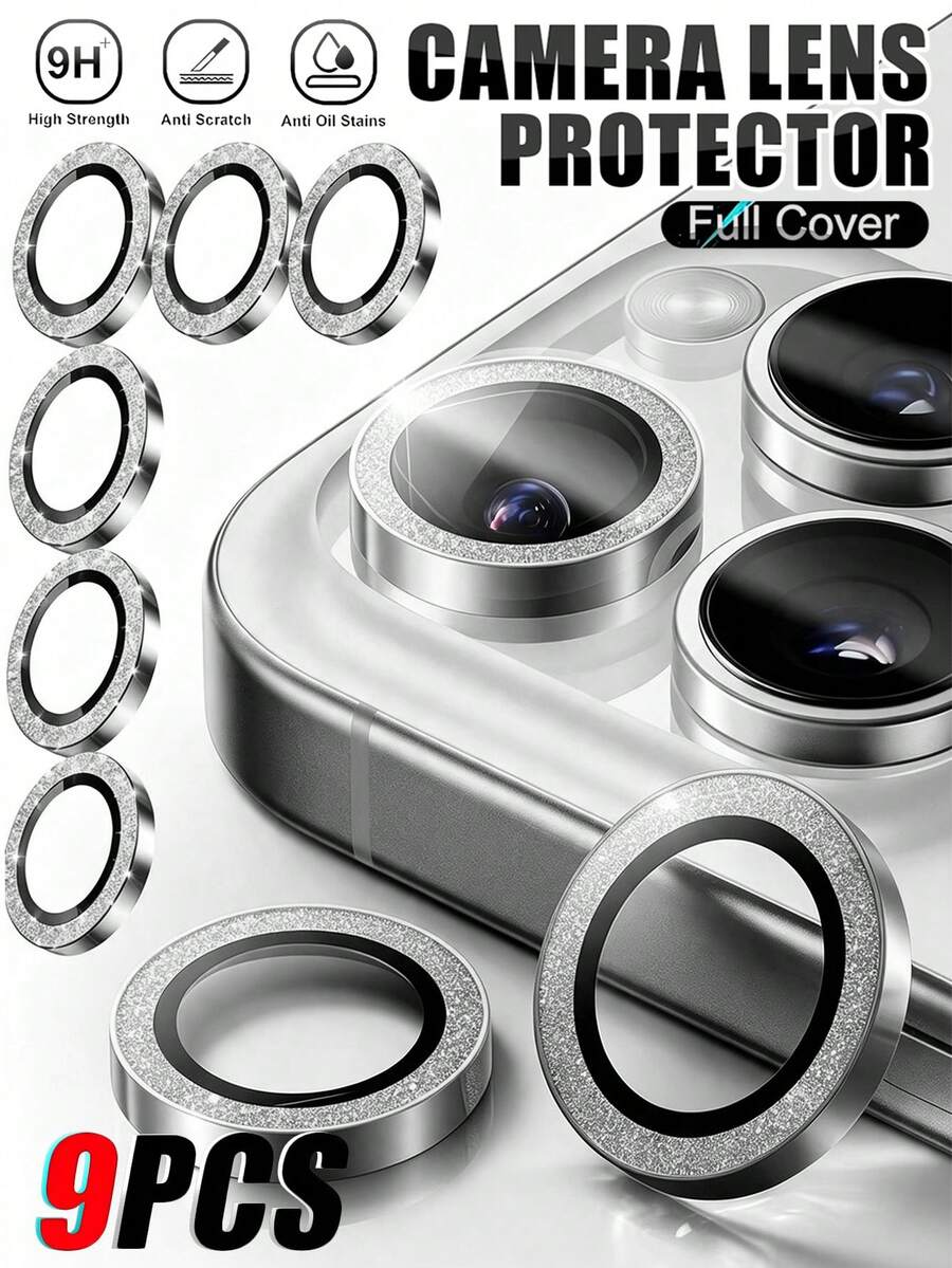 Navigator 9PCS,Silver Glitter Decorated Lens Film,9H Hardness Scratch-Resistant Anti-Wear Lens Protector,Metal Ring Full Coverage Lens,Easy To Install,Anti-Drop Lens Protection,Suitable For Phone Cases,Compatible With IPhone Duo/18 Promax/18 Pro/18/17E/17 Promax/16 Promax/15 Promax/14 Promax/13 Promax/12 Promax/11 Promax/17 Pro/16 Pro/15/14/13/12/11 - Silver - View 1