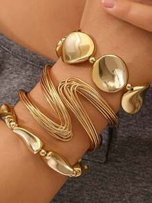 Set Gelang Emas Logam Terbuka Berlapis-lapis Geometris Berlebihan Gaya Vintage Fashion 3 Buah, Cocok untuk Pemakaian Sehari-hari dan Pesta Wanita, Hadiah - Emas - View 2