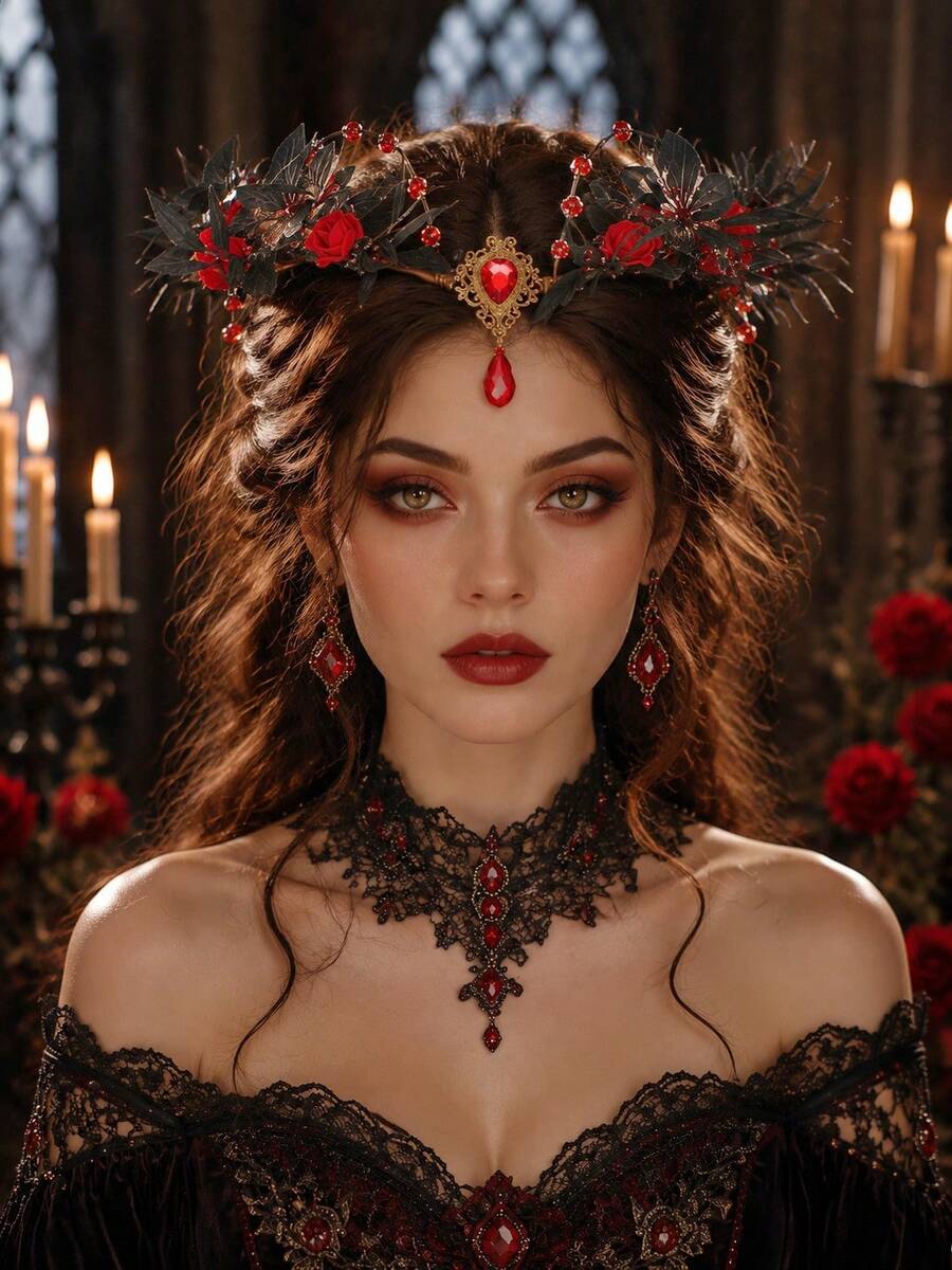 Mahkota Bunga Mawar Merah Daun Hitam Gaya Gotik, Hiasan Kepala Dahi Bentuk Tetesan Air Mata Berlian Imitasi, Aksesori Rambut Pesta Pernikahan Renaisans untuk Wanita (Cosplay Halloween) - MultiWarna - View 1