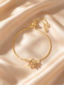 GEREIT 1pc Copper Micro-Inlaid Zirconia 14K Gold Plated Adjustable Cord Heart Moon Star Flower Bracelet - Gold - View 11