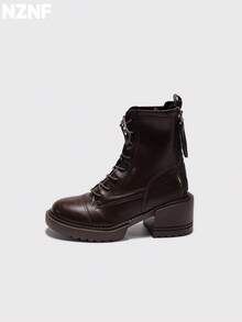 NZNF 1 Pair Contrast Color Western Style Buckle Thick Sole Slip-On Women's Retro Knight Boots Matte Chunky Heel Mid-Calf Boots Outdoor - Brown - View 7