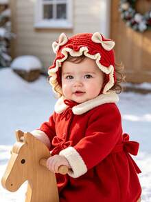 0-2 Years Old Baby Girl Knitted Hat, Cute Bow Rabbit Ears Ruffle Edge, Soft Warm Tie Knitted Hat, Autumn/Winter Cute Infant Toddler Headwear - Multicolor - View 4